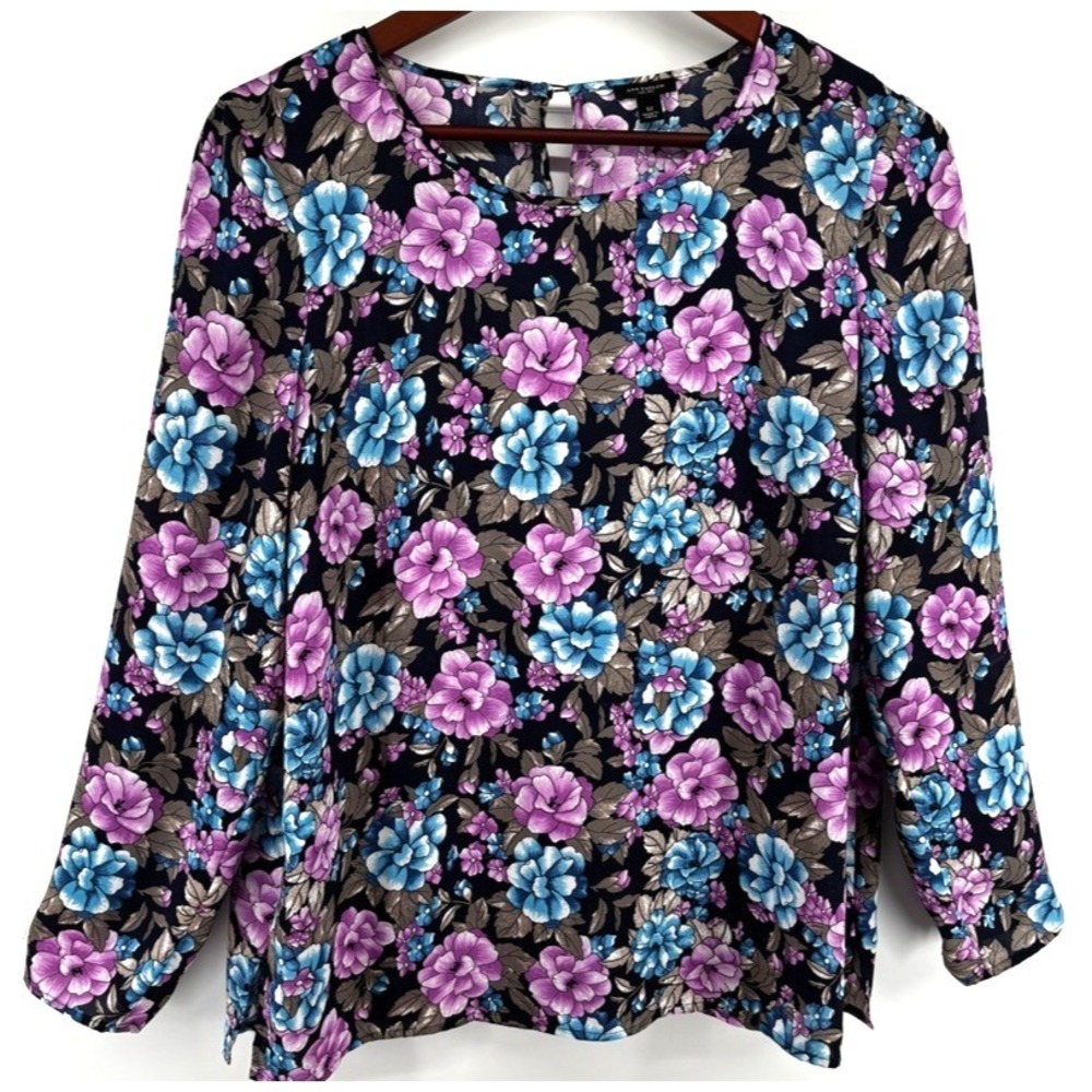 Ann Taylor Floral Satin Blouse Sz 12 Blue Purple Long Sleeve Career Office Top